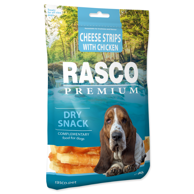 Pochoutka RASCO Premium proužky sýru obalené kurecím masem 80g